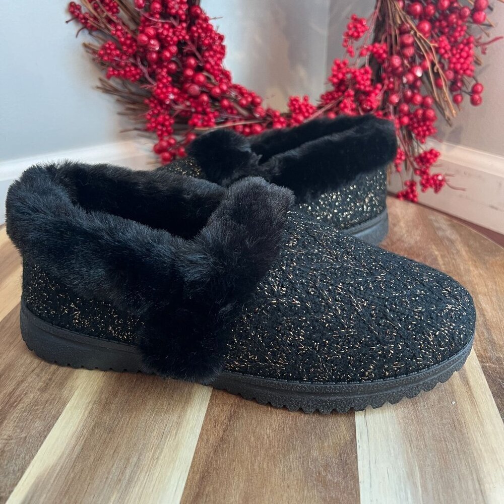 Skechers Cozy Lite Sparkle Knit Slippers - Sweet Walk Sz 7WIDE in Black